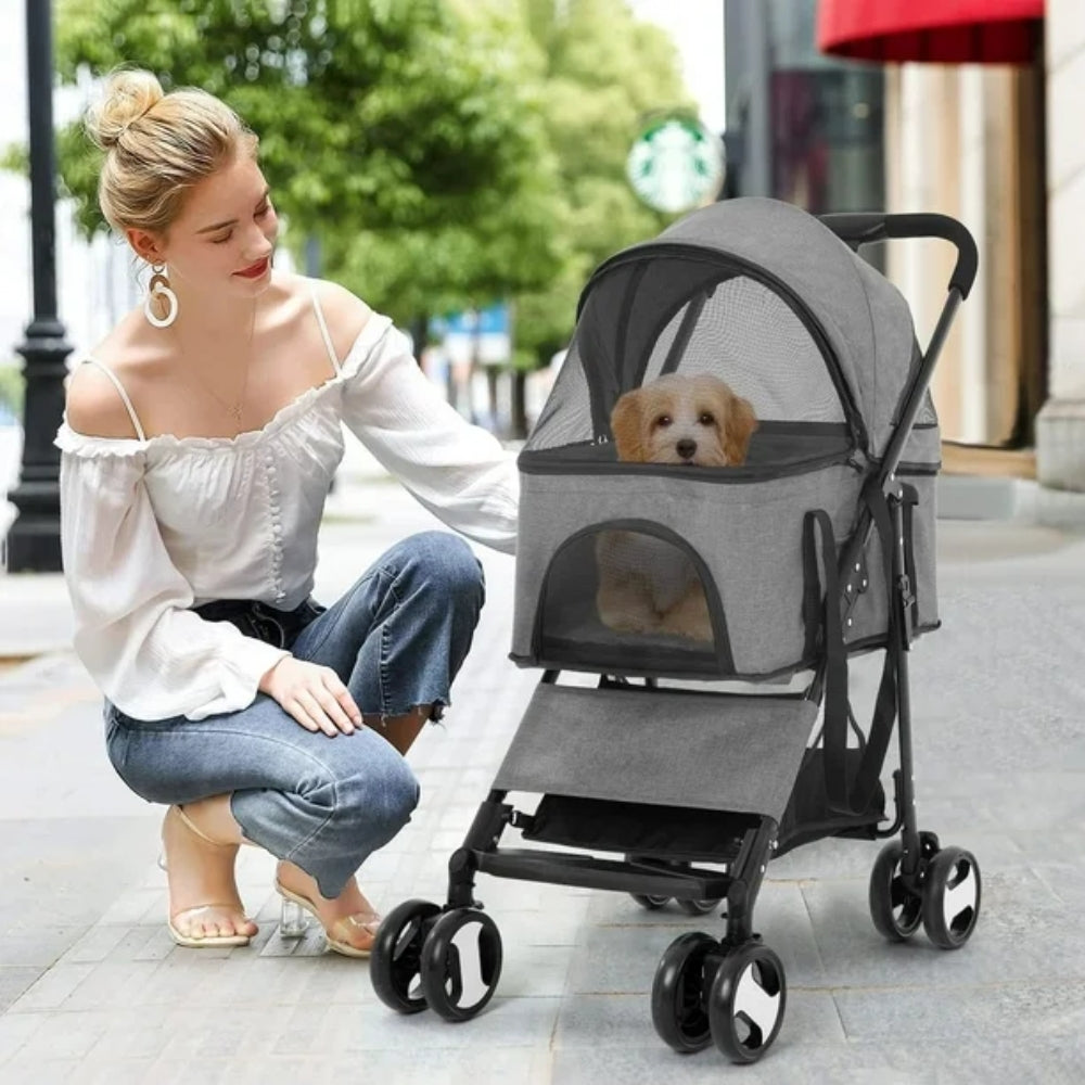Pet Stroller with Rain Cover Dog Cat Pushchair Trolley Detachable Carrier Folding_4