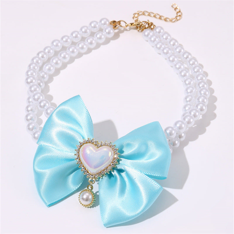 2 - PCS Cute Pet Pearl Necklace Collar with Blue Bow and Heart Charm - Size S